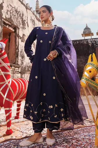 women's blue cotton anarkali set with floral embroidery