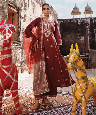 maroon embroidered cotton anarkali suit set 1