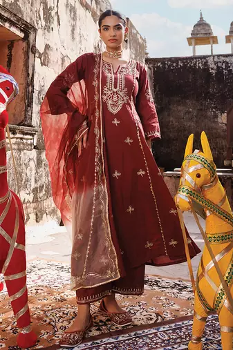 Maroon embroidered cotton anarkali set