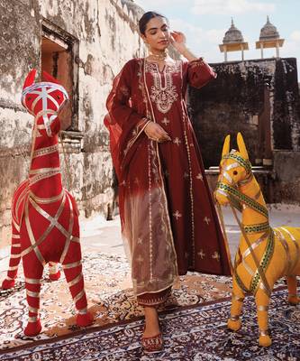 maroon embroidered cotton anarkali suit set 2