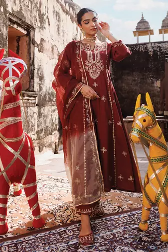 maroon embroidered cotton anarkali suit set