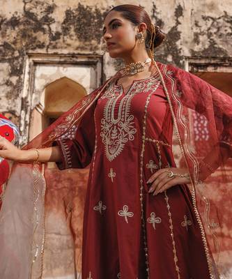 maroon embroidered cotton anarkali suit set 3