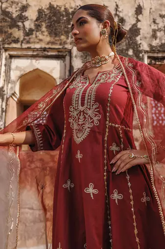 maroon embroidered cotton anarkali suit set
