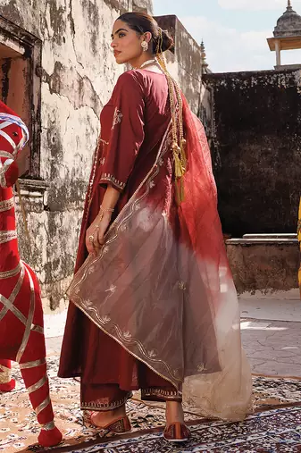 maroon embroidered cotton anarkali suit set