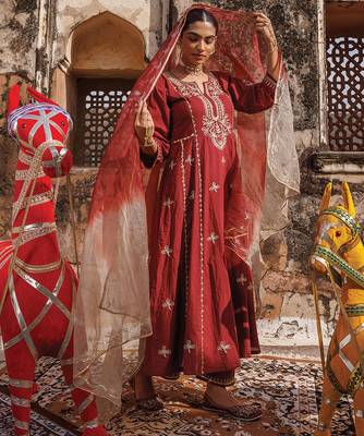 maroon embroidered cotton anarkali suit set 5