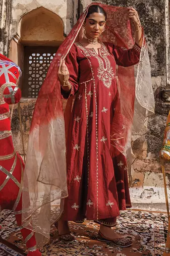 maroon embroidered cotton anarkali suit set