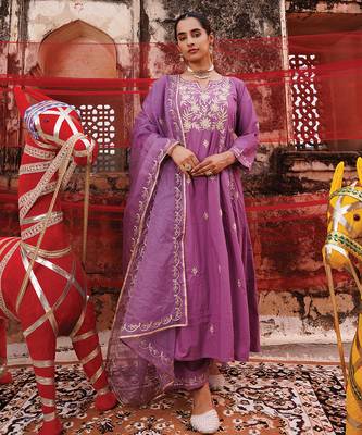 lavender embroidered cotton anarkali suit set 1
