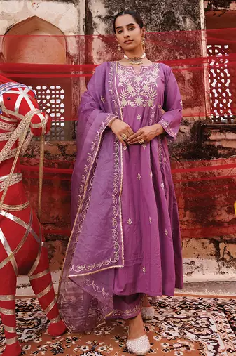 Lavender embroidered cotton anarkali set