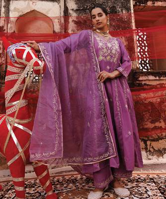 lavender embroidered cotton anarkali suit set 2
