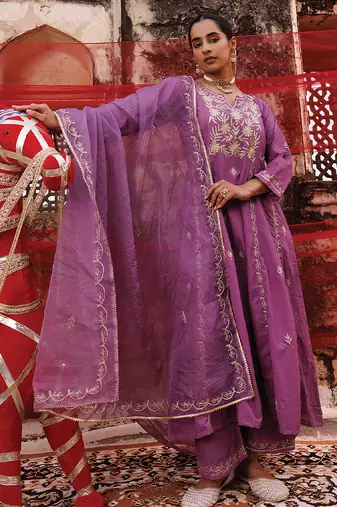 lavender embroidered cotton anarkali suit set