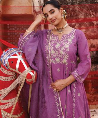lavender embroidered cotton anarkali suit set 3