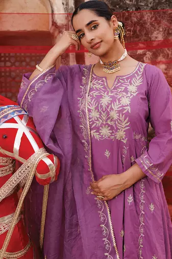 lavender embroidered cotton anarkali suit set
