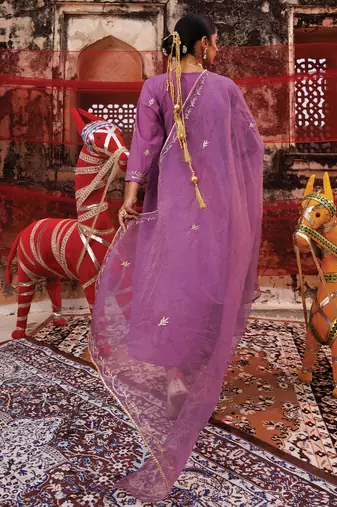 lavender embroidered cotton anarkali suit set