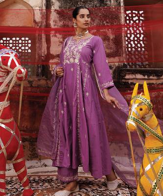 lavender embroidered cotton anarkali suit set 5