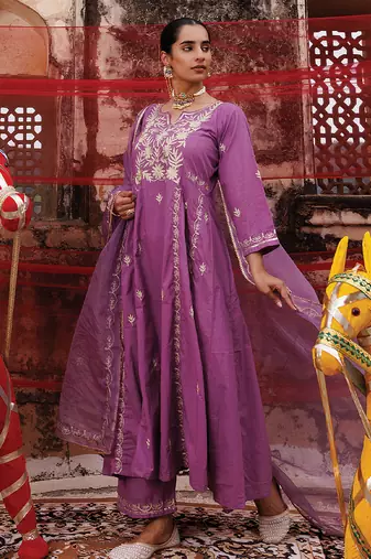 lavender embroidered cotton anarkali suit set
