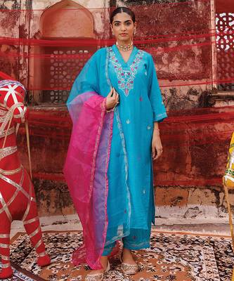 teal blue embroidered chanderi kurta pant set 1
