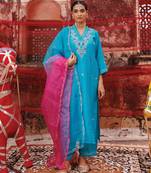 Teal Blue Chanderi Kurta Set with Dual Shade Dupatta.