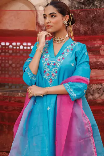 teal blue embroidered chanderi kurta pant set