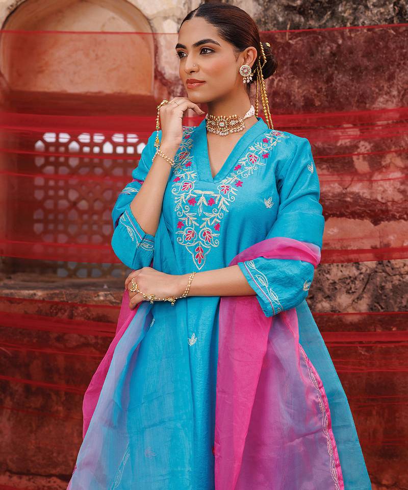 Teal Blue Chanderi Kurta Set with Dual Shade Dupatta.