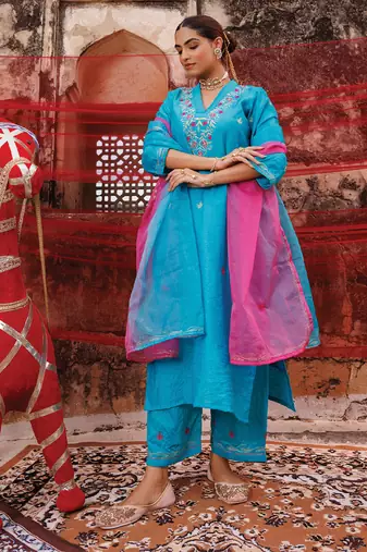 teal blue embroidered chanderi kurta pant set