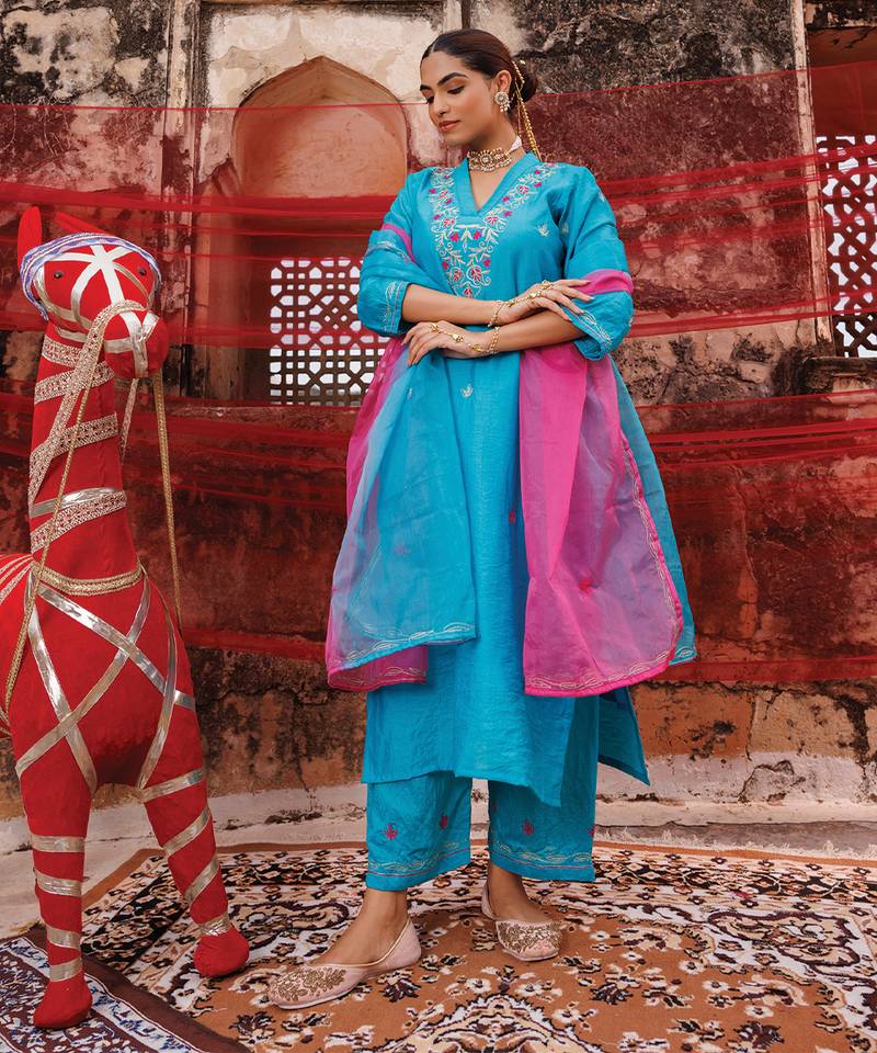 Teal Blue Chanderi Kurta Set with Dual Shade Dupatta.
