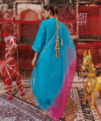 teal blue embroidered chanderi kurta pant set 4