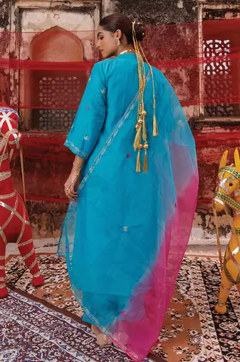 teal blue embroidered chanderi kurta pant set