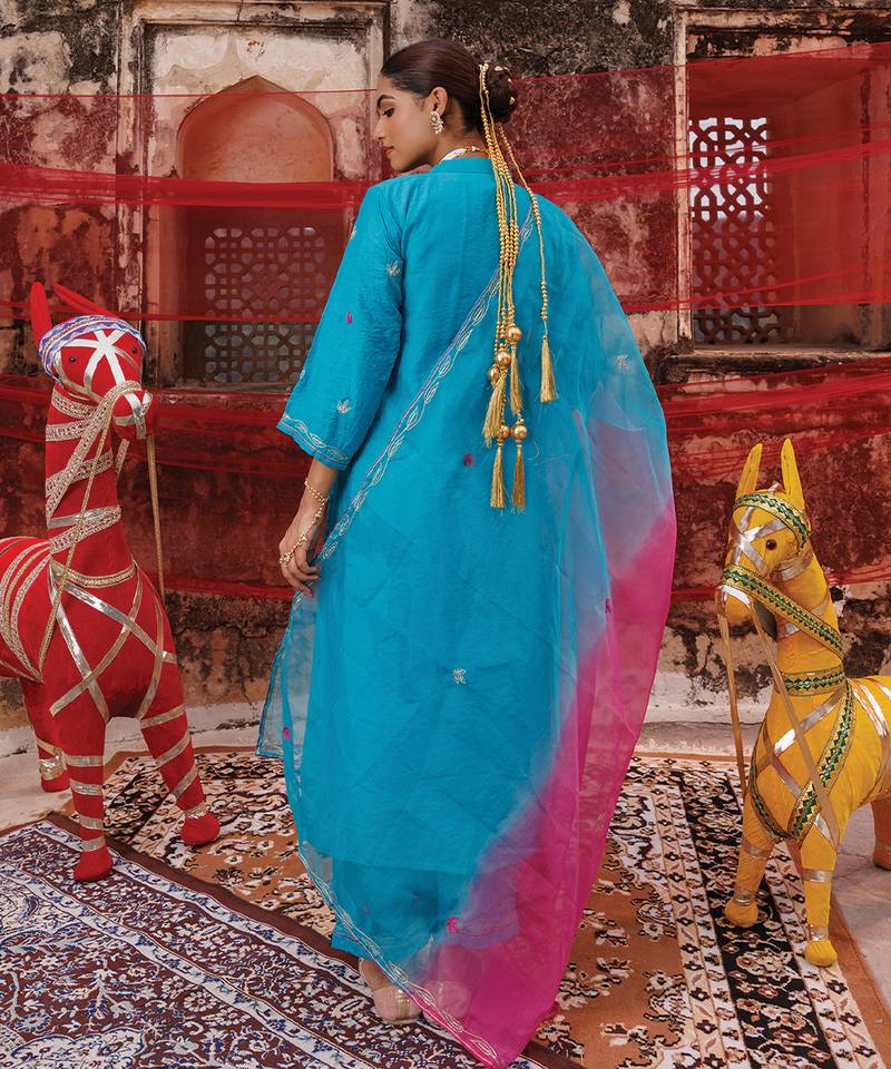Teal Blue Chanderi Kurta Set with Dual Shade Dupatta.