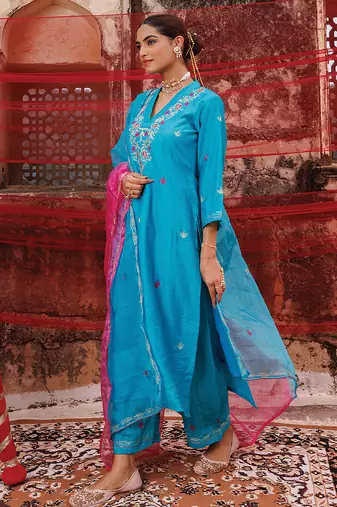 teal blue embroidered chanderi kurta pant set