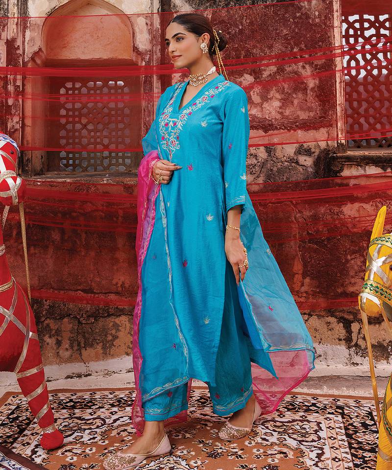 Teal Blue Chanderi Kurta Set with Dual Shade Dupatta.