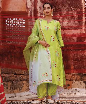 green embroidered art silk kurta pant set 1