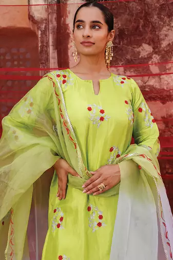 green embroidered art silk kurta pant set