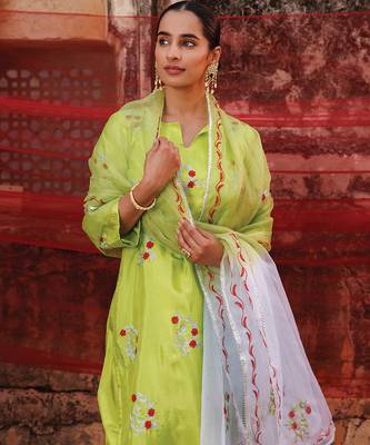 green embroidered art silk kurta pant set 3