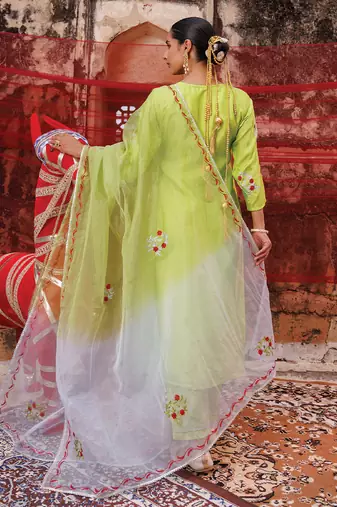 green embroidered art silk kurta pant set