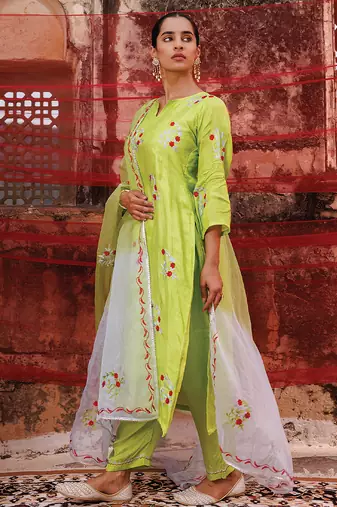 green embroidered art silk kurta pant set