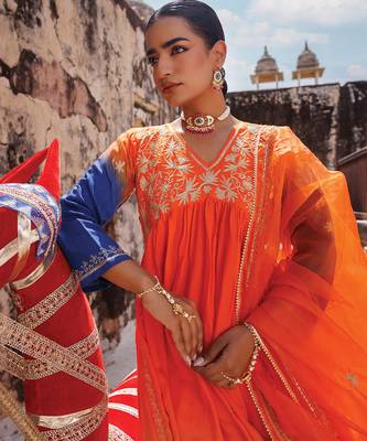 multicolor embroidered chanderi kurta pant set 2