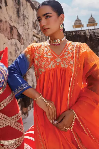 multicolor embroidered chanderi kurta pant set