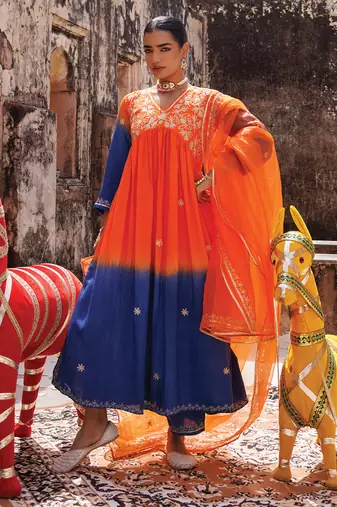 multicolor embroidered chanderi kurta pant set