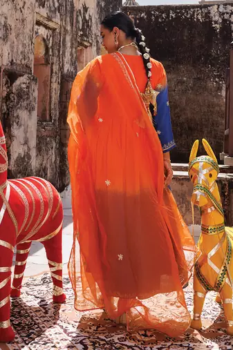 multicolor embroidered chanderi kurta pant set