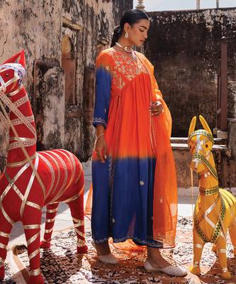 multicolor embroidered chanderi kurta pant set 5