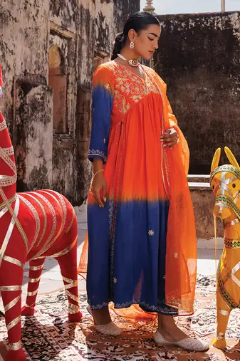 multicolor embroidered chanderi kurta pant set