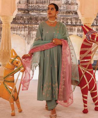 sage green embroidered cotton anarkali suit set 1