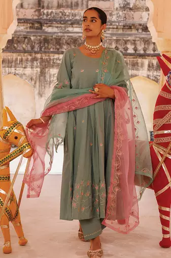 Sage Green Cotton Anarkali With Dual-Shaded Dupatta