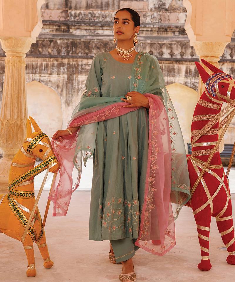 Sage Green Cotton Anarkali With Dual-Shaded Dupatta