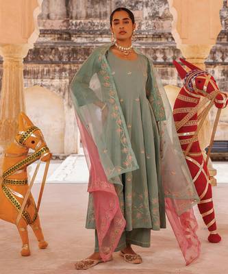 sage green embroidered cotton anarkali suit set 2