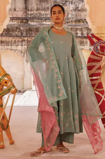 sage green embroidered cotton anarkali suit set