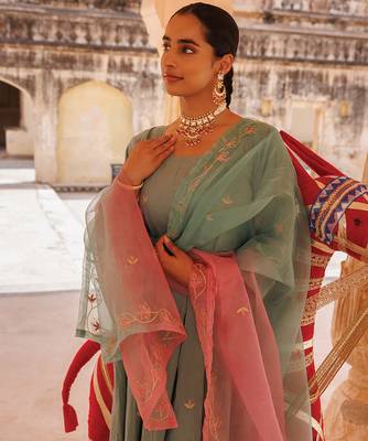 sage green embroidered cotton anarkali suit set 3