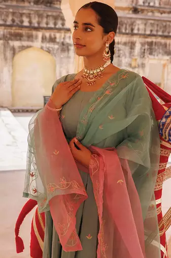sage green embroidered cotton anarkali suit set