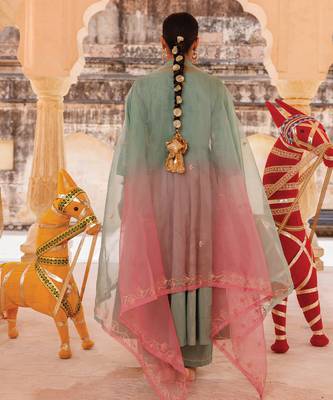 sage green embroidered cotton anarkali suit set 4