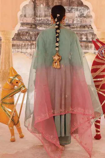sage green embroidered cotton anarkali suit set